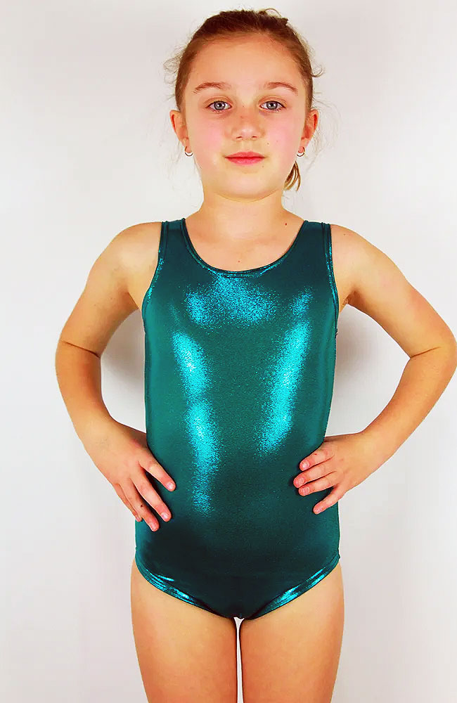 Front - Girls Sleeveless Jade Green Sparkle One Piece Leotard For Gymnastics, Ballet and Dance Classes from the Little Rarrscals Range by Rarr Designs