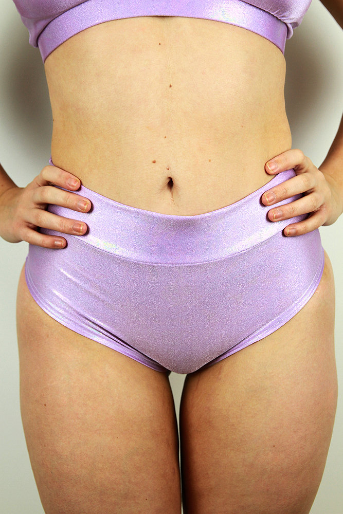 Rarr designs Lilac Sparkle High Waisted BRAZIL Scrunchie Bum Shorts