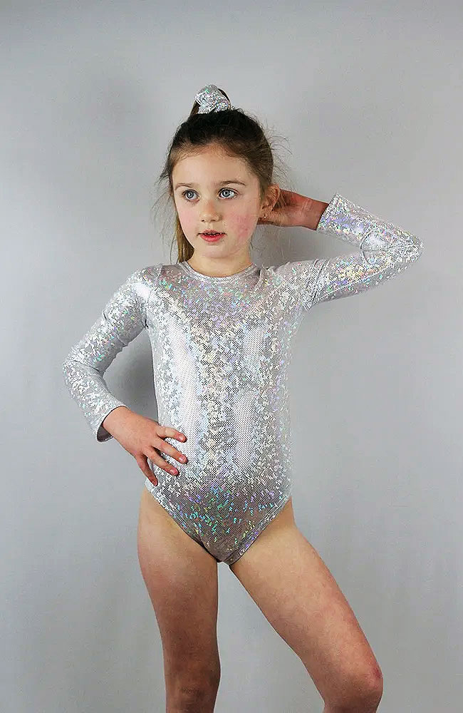 Girls Long Sleeve White Sparkle One Piece Leotard For Gymnastics, Ballet and Dance Classes from the Little Rarrscals Range by Rarr Designs