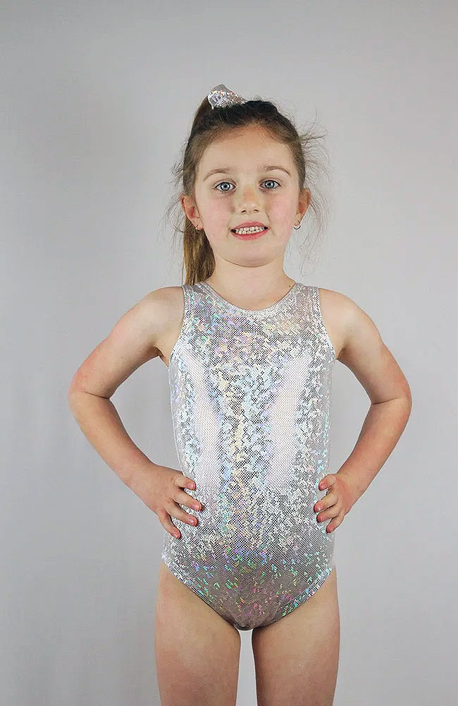 Front - Girls Sleeveless White Sparkle One Piece Leotard For Gymnastics, Ballet and Dance Classes from the Little Rarrscals Range by Rarr Designs