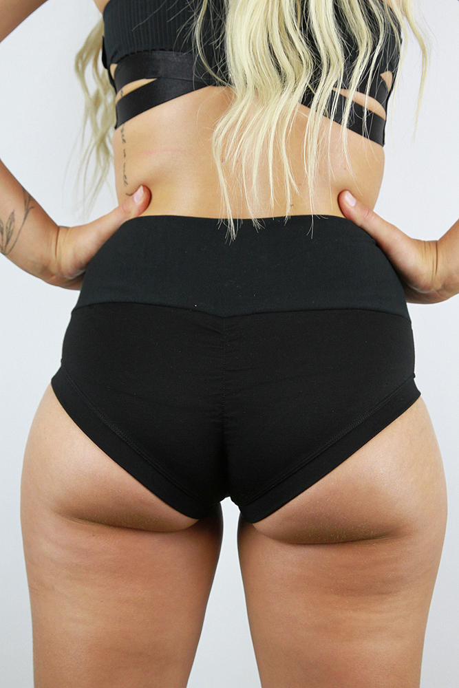 BLACK High Waisted BRAZIL Scrunchie Bum Shorts | Pole Wear baack