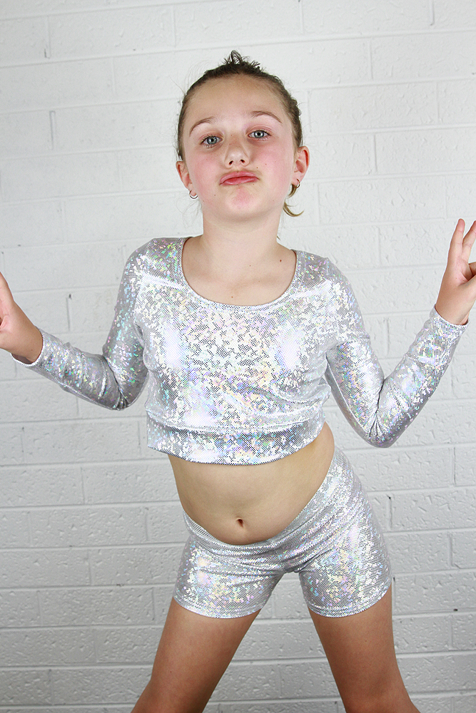 White Sparkle Long Sleeve Crop Top Youth Girls 1