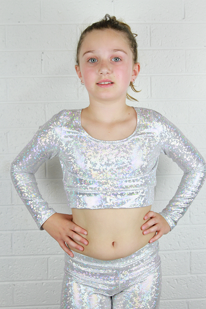 White Sparkle Long Sleeve Crop Top Youth Girls FRONT
